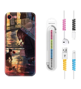 Apple iPhone 5 6 7 8 Plus Se XR Kılıf Kablo Koruma Spiral Silikon Kız ve Kedi 1762