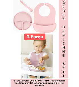 Kaymaz Sağlıklı Önlük Diş Kaşıyıcılı Kaşık Vakumlu Tabak 3 Parça Silikon Bebek Beslenme Seti Pembe