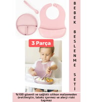 Kaymaz Sağlıklı Önlük Diş Kaşıyıcılı Kaşık Vakumlu Tabak 3 Parça Silikon Bebek Beslenme Seti Pembe
