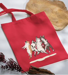 BK Gift Kediler Tasarımlı Kırmızı Kumaş Bez Çanta, Baskılı Omuz Çantası, Alışveriş Çantası, Arkadaşa Hediye-2