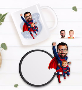 BK Gift Kişiye Özel Süper Baba ve Çocuk Karikatürlü Beyaz Kupa ve Ahşap Bardak Altlığı Hediye Seti-1