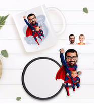 BK Gift Kişiye Özel Süper Baba ve Çocuk Karikatürlü Beyaz Kupa ve Ahşap Bardak Altlığı Hediye Seti-1