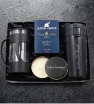 Kişiye Özel Siyah Metal Kutulu Mum & Alerya Premium Filtre Kahve & Siyah French Press & 350 ML Kilitli Siyah Çelik Termos Hediye Seti