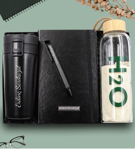 Kişiye Özel 350 ML Kilitli Siyah Çelik Termos & Siyah Defter & Telefon Tutuculu Tükenmez Kalem & Bambu Kapaklı Cam Matara Hediye Seti