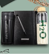 Kişiye Özel 350 ML Kilitli Siyah Çelik Termos & Siyah Defter & Telefon Tutuculu Tükenmez Kalem & Bambu Kapaklı Cam Matara Hediye Seti