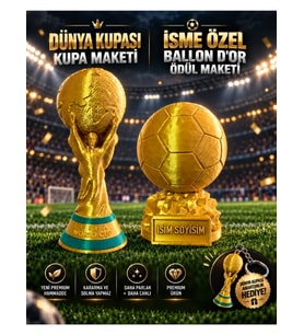 Dünya Kupası ve İsime Özel Ballon d'Or Futbol Ödülü Maketi Seti Dünya Kupası Anahtarlık Hediyeli