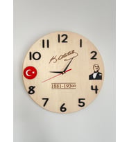 Atatürk 3D Duvar Saati, Sessiz Akar, Ahişap Lazer Kesim, El Boyaması, Renkli 35*35