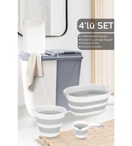 4'lü Set - 90 Lt İki Bölmeli Kirli Çamaşır Sepeti Katlanabilir Sepet Akordiyon Su Kovası Maşrapa Gri