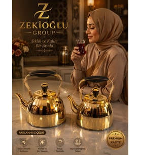Zekioğlu 2 L 3 L ÇAYDANLIK TAKIMI Altın Gold Paslanmaz Çelik Çaydanlık Aynalı Gövde Ergonomik Sap 5 Katmanlı Kapsül Taban İTHAL DEMLİK ÇAYDANLIK