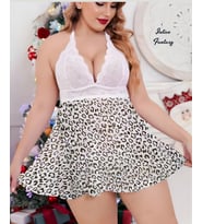 Intive Curvy Parlak Leopar Desenli Boyundan Bağlamalı Göğsü Beyaz Dantelli Arkası Transparan Gecelik