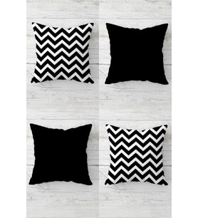 Zigzag Desenli Ve Düz Kombin Gizli Fermuarlı Kırlent Kılıfı Koltuk Yastık Kılıfı Takım(4adet) (Siyah)