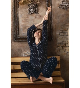 Sude Kadın Gömlek Önden Düğmeli Polar Desenli Pijama Takımı P200/124 - 1 Adet (Lacivert)