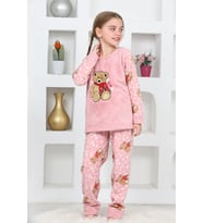 Kız Çocuk Welsoft Kumaş-Göz Bantlı Ayıcık Baskılı Pijama Takımı 12293 MODANINO (Gül Kurusu)