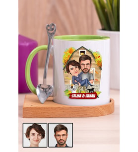 Sevgiliye Özel Hediye Ev Temalı Karikatürlü Ahşap Altlıklı Yeşil Kupa Bardak
