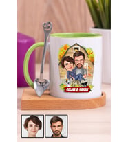 Sevgiliye Özel Hediye Ev Temalı Karikatürlü Ahşap Altlıklı Yeşil Kupa Bardak