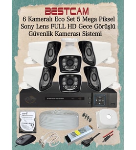 BESTCAM 6 Kameralı Eco Set 5 Mega Piksel Sony Lensli Full HD Gece Görüşlü Güvenlik Kamerası Sistemi 250 GB Hard Disk