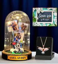 Premium Hediye Seti - Sizlere Özel Led Işıklı Fanus ve Renkli Zümrüdü Anka Kuşu Kolyesi (Model 4)
