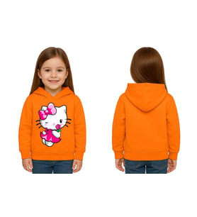 Unisex hello kity  Baskılı Çocuk Swaetshirt  Baskılı Kapüşonlu 3 İplik Şardonlu (Turuncu)
