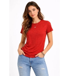 Flam Kumaş Melanj Dokulu Regular Fit Tişört Bisiklet Yaka Yazlık T-Shirt - Kiremit