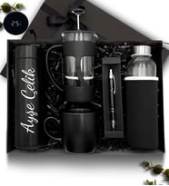Kişiye Özel Siyah 500 ML Dereceli Termos & French Press & Kupa & Cam Suluk & Kalem Hediye Seti