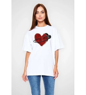 Unisex Bisiklet Yaka Baskılı Oversize T-Shirt - Beyaz