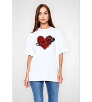 Unisex Bisiklet Yaka Baskılı Oversize T-Shirt - Beyaz