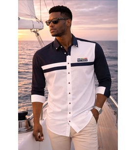 Regular Fit Yaka Düğmeli Pamuklu Parça Desenli Marina Gömlek