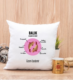 Kişiye Özel Balık Burcuna Hediye Kare Yastık ve Gold Kupa