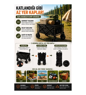 Mey İthalat® Üst Masalı Katlanabilir Kamp Arabası Çekme Kollu Geniş Hazneli Piknik ve Plaj Arabası