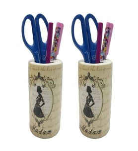 2 ADET KALEMLİK MADAM DESENLİ SERAMİK OFİS GERECİ  7X7X11CM