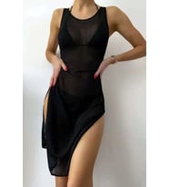Angelsin Özel Kımaş Şık Pareo Plaj Elbisesi Kimono Kaftan (Siyah)
