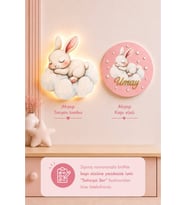 Ahşap Tavşanlı İsme Özel Pilli Ledli Gece Lambası ve Ahşap Kapı Süsü Seti Bebek Çocuk Odası