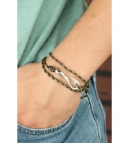 Krem Çizgi Desenli Metal Kancalı Erkek Bileklik