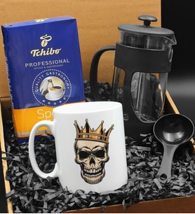 Özel Tasarımlı Kral Tacı Kuru Kafa Kupa & French Press &  250 Gram Tchibo Proffesional Special Filtre Kahve Hediye Seti