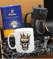 Özel Tasarımlı Kral Tacı Kuru Kafa Kupa & French Press &  250 Gram Tchibo Proffesional Special Filtre Kahve Hediye Seti