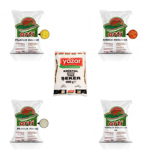ORTİ 5Kg KIRMIZI MERCİMEK+P. BULGUR+P. PİRİNÇ+ÇOK AMAÇLI UN+YAZAR TOZ ŞEKER=25Kg