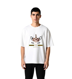 Unicorn Çiçekli Gökkuşağı Fantezi Baskılı Erkek Oversize Tişört