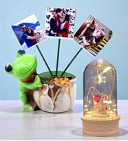 Kişiye Özel Hediye Seti 3 Fotoğraflı Kurbağa Tasarımlı Saksı ve Led Işıklı Fanus Seti (Model 2)