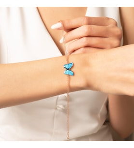 925 Ayar Gümüş Rose Gold Mineli Mavi Kelebek Bileklik
