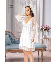Intive Bride Beyaz Saten Tül Detaylı Mini Sabahlıklı Gecelik Takım