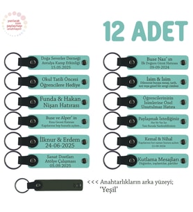 Şirket Etkinliklerinde Hediyelik, 12'li Set, İsim Yazılı Deri Anahtarlık, Turkuaz & Yeşil