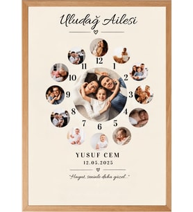 Kişiye Özel Saat Temalı 13 Fotoğraflı İsimli Ahşap Çerçeveli Tablo - Bebeğim Büyürken Anı Tablosu & Aile Hediyesi