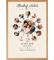 Kişiye Özel Saat Temalı 13 Fotoğraflı İsimli Ahşap Çerçeveli Tablo - Bebeğim Büyürken Anı Tablosu & Aile Hediyesi