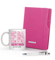 Kişiye Özel UV Baskılı Öğretmenler Günü İsme Özel Plakalı Pembe Defter & Beyaz Kalem ve Kupa Seti (Kırmızı)