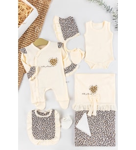 Leopar Desenli 8'li Kız Bebek Hastane Çıkışı Bebek Takımı (Krem)