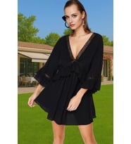 Kadın Mini Plaj Elbisesi V Yaka Büzgülü Kol Crinkle Dokuma Yazlık Zarifane Tasarım Modern Stil (Siyah)