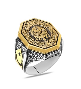 Ayyıldız Detaylı Osmanlı Arma Motifli 925 Ayar Gümüş Erkek Yüzük (Gold)