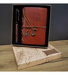 Deri Pusula Tasarımlı Defter Ve Metal Kalem Seti