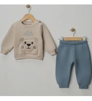Erkek Bebek Gri Mavi Tedy Bear Ayılı Üç İp İkili Takım