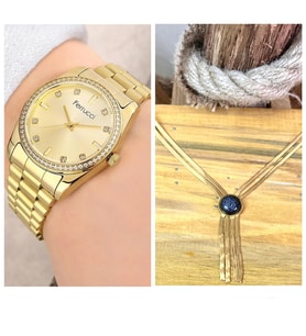 Ferrucci Zirkon Taşlı Şık Kasa Çelik Kadın Kol Saat %100 Çelik 2 Zincirli Koye Hediye Set (Altın)